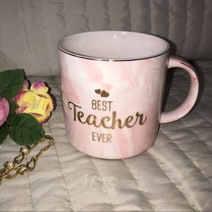 Best Teacher Ever ~ pink & white marbled gold trimmed coffee tea mug Gift 10 oz.